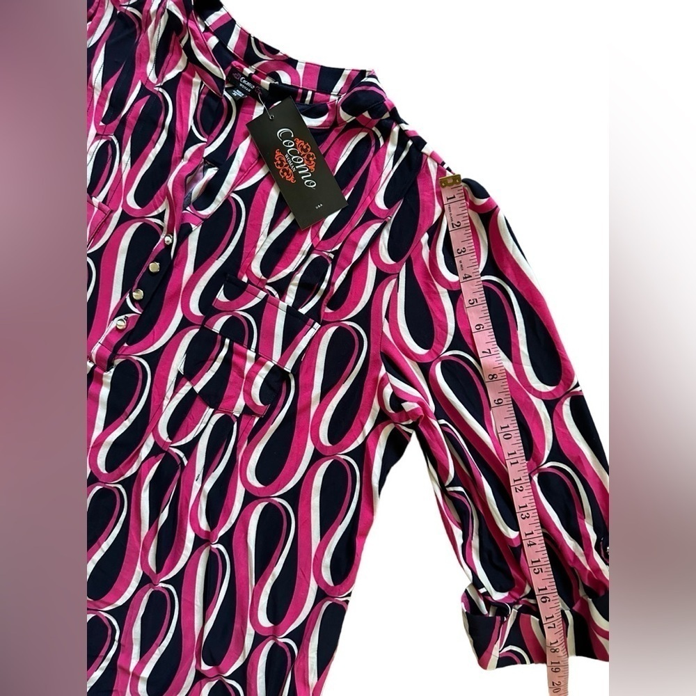 COCOMO 3X Navy Blue Pink Plus Size 3/4 sleeve women's Pintuck Blouse top s… - Picture 9 of 11